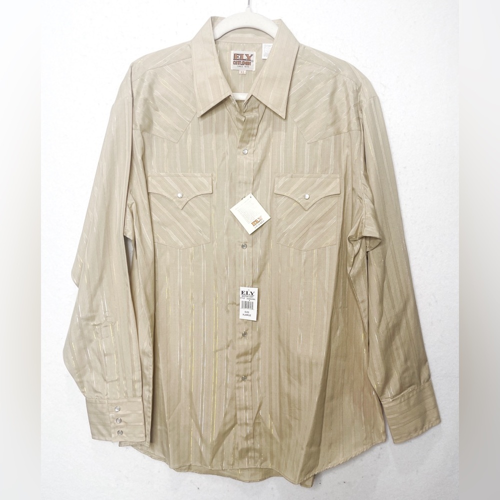 Ely Cattleman Pearl Snap Long Sleeve Shirt Metallic Gold Silver Rodeo Cowboy XL